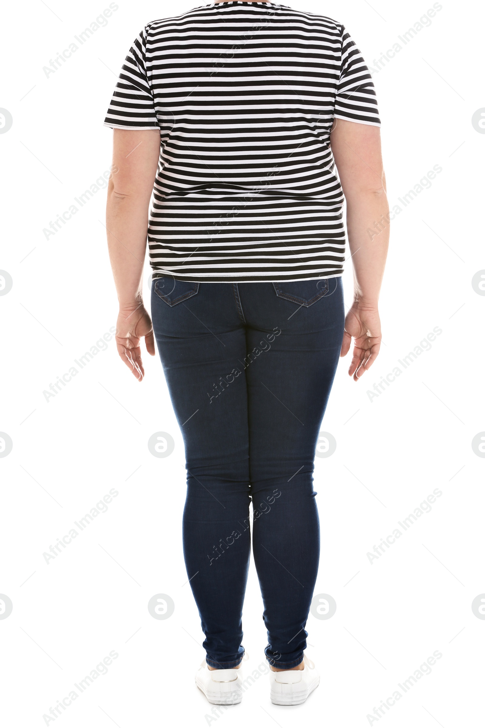 Photo of Overweight woman on white background, closeup. Weight loss