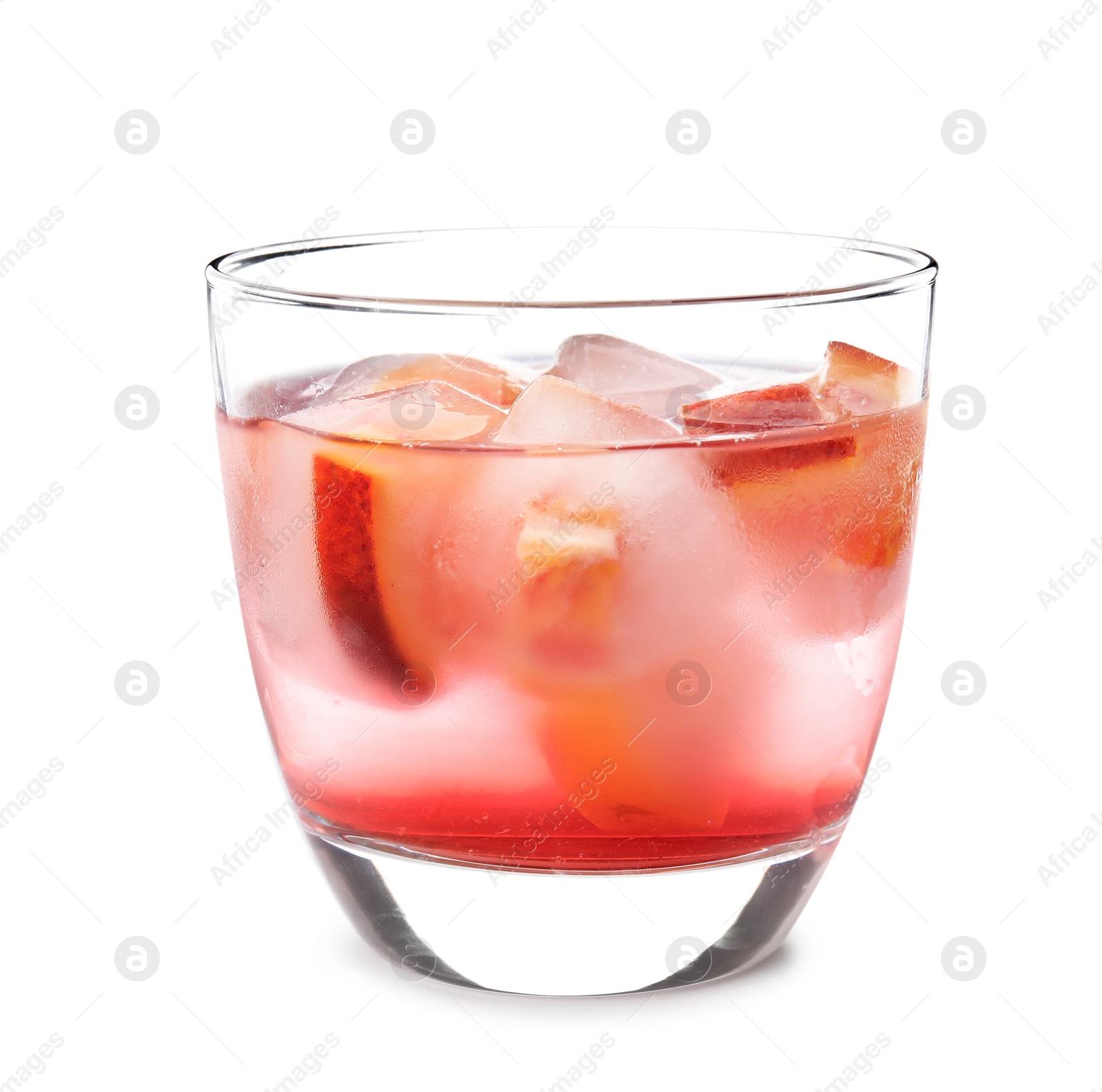 Photo of Glass of tropical cocktail with ice cubes on white background