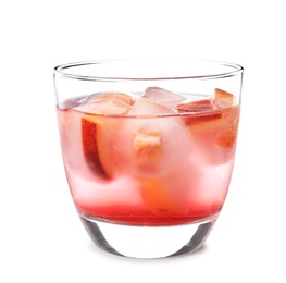 Glass of tropical cocktail with ice cubes on white background