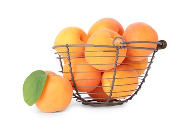 Photo of Basket of ripe apricots isolated on white