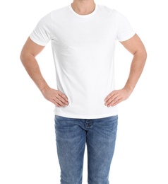 Photo of Young man on white background, closeup. Weight loss