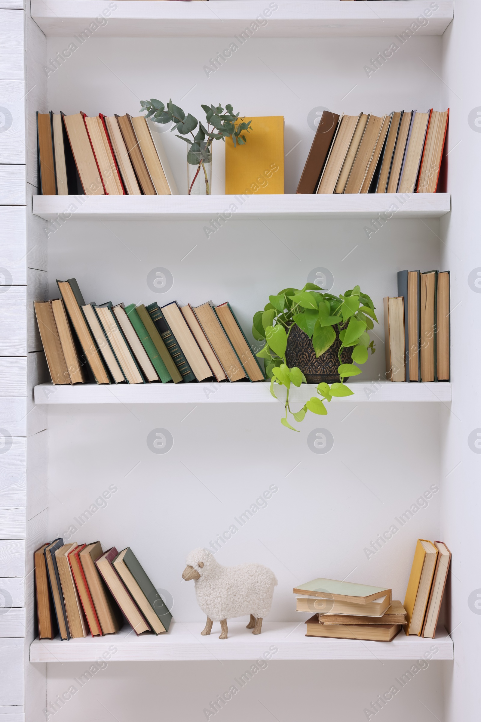 Photo of Collection of books and decor elements on shelves indoors