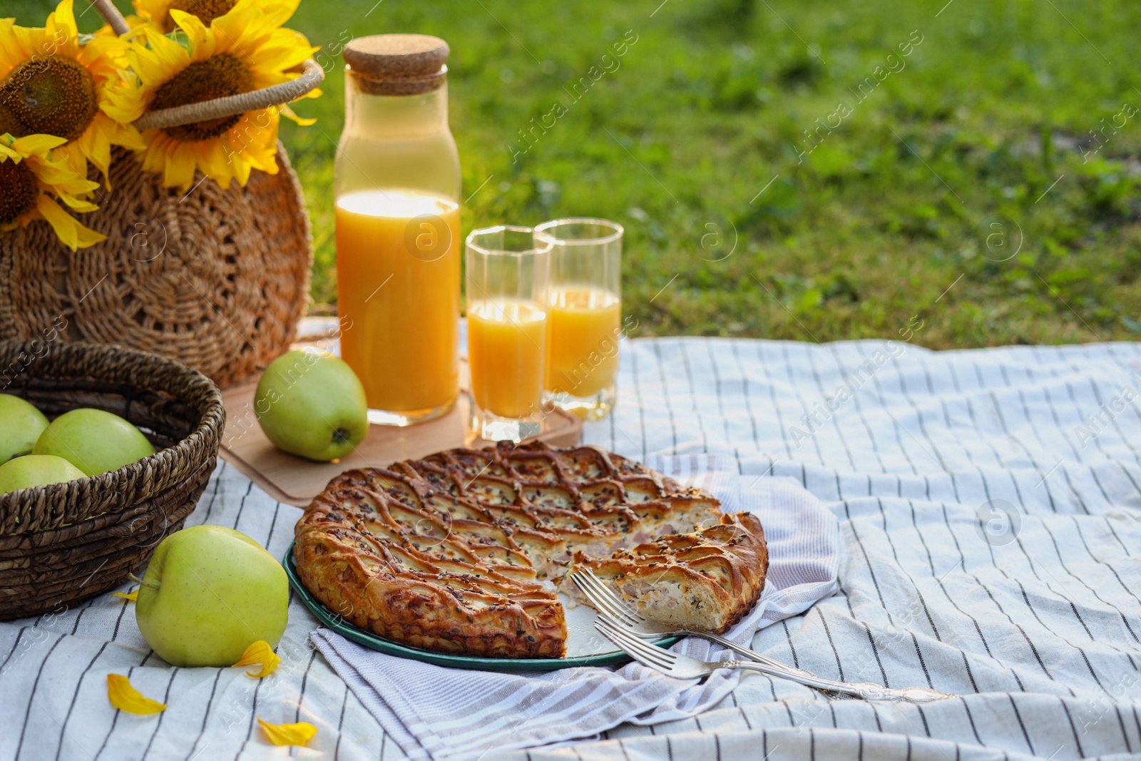Photo of Picnic with delicious pie, apples and juice on blanket in garden, space for text