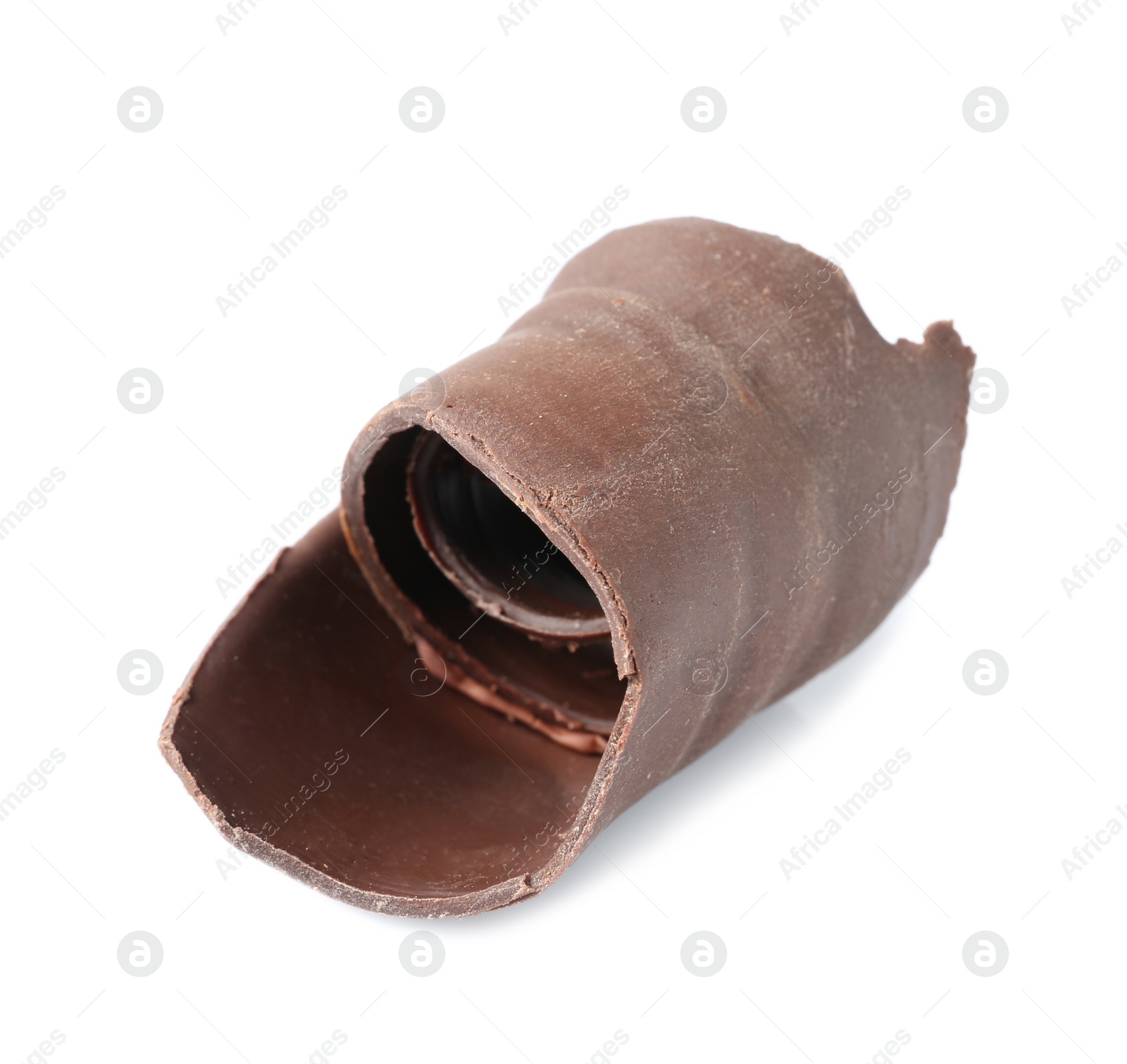 Photo of Yummy chocolate curl for decor on white background