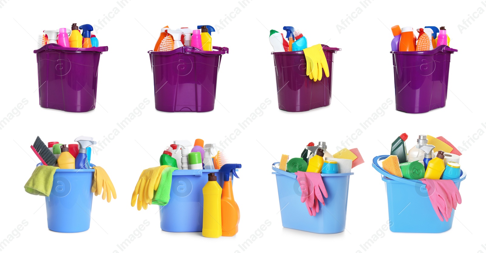 Image of Collage of buckets with cleaning supplies on white background. Banner design