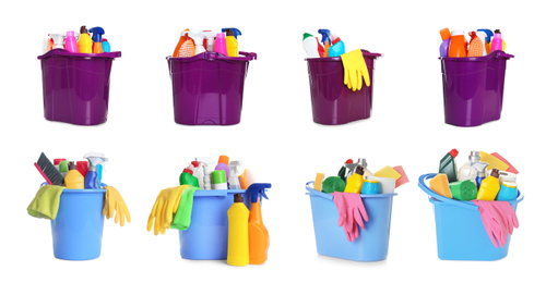 Image of Collage of buckets with cleaning supplies on white background. Banner design