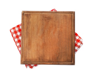 Photo of Wooden board on white background, top view. Kitchen utensil