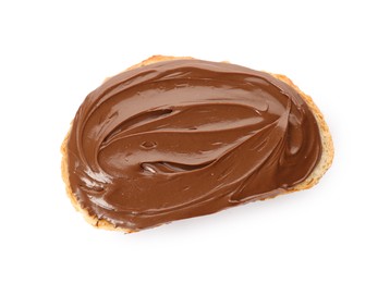 Photo of Bread with tasty chocolate spread on white background, top view