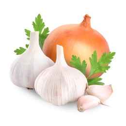 Image of Garlic, yellow onion and parsley isolated on white