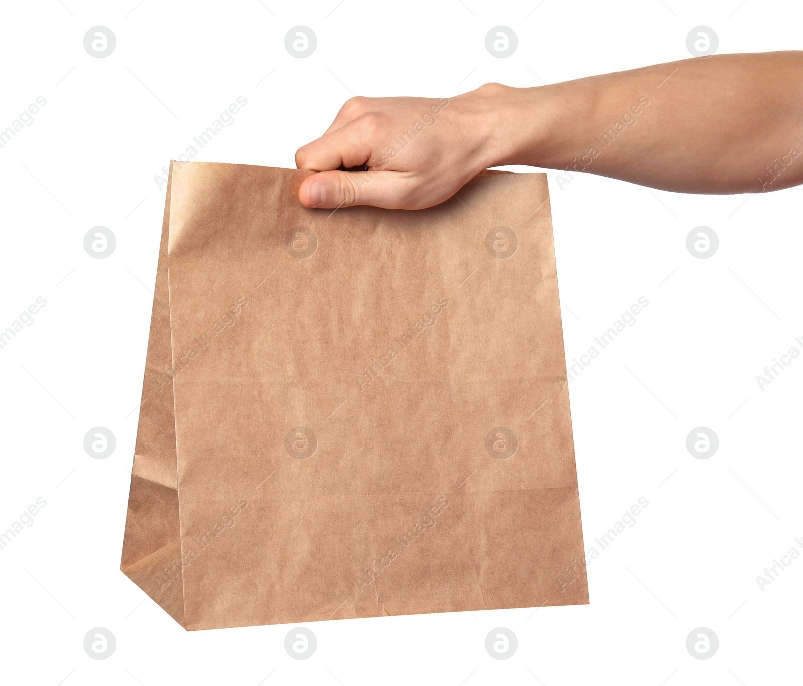 Photo of Man holding paper bag on white background. Food delivery service