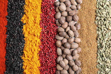 Many different spices as background, top view