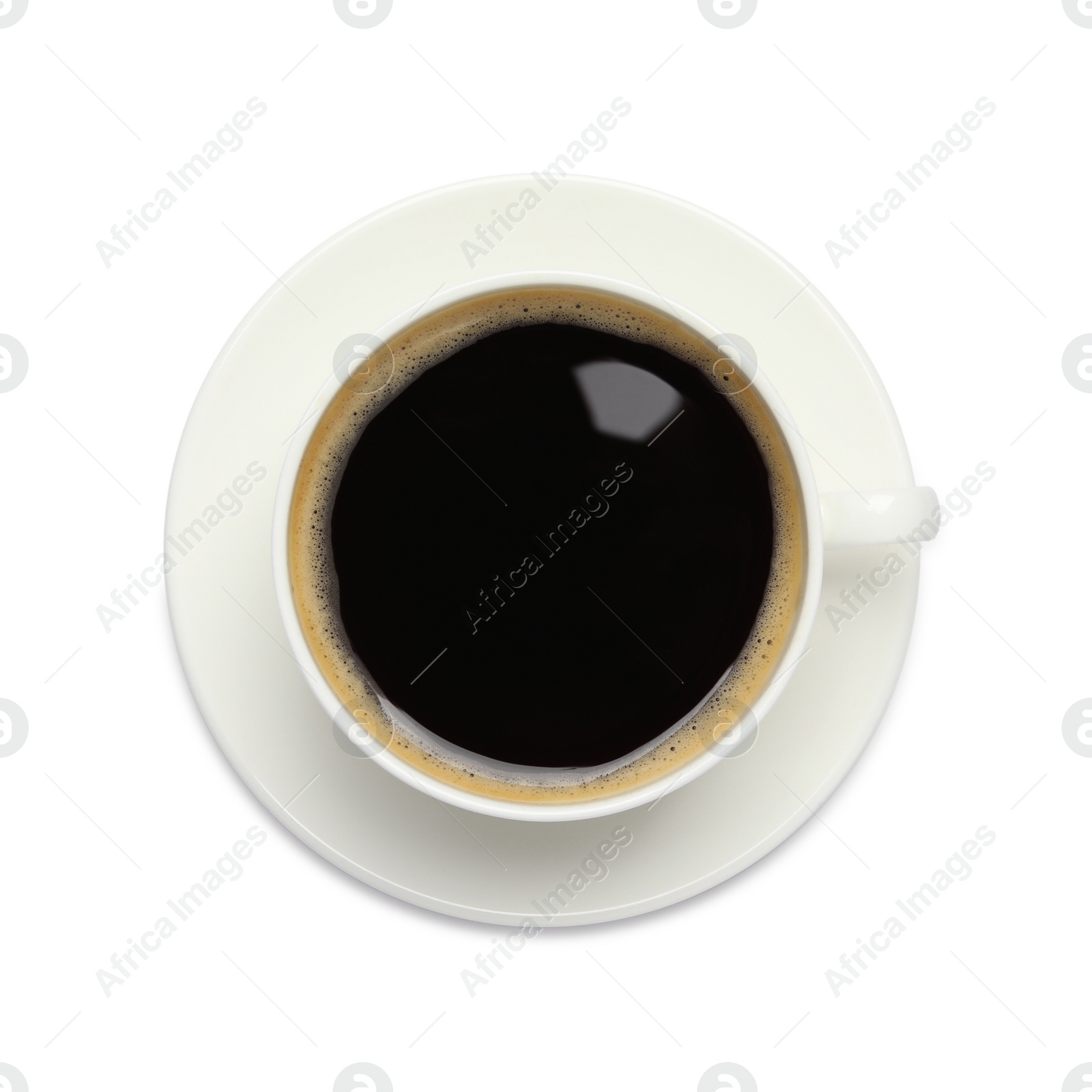 Photo of Cup of hot coffee and saucer isolated on white, top view