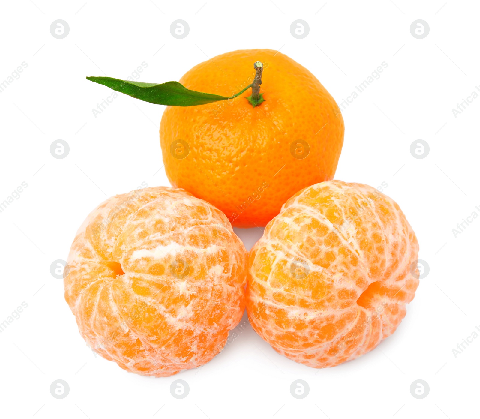 Photo of Fresh ripe juicy tangerines with green leaf on white background