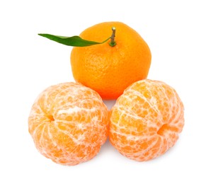 Photo of Fresh ripe juicy tangerines with green leaf on white background