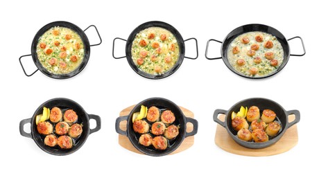 Image of Set of different dishes with scallops isolated on white, top and side views