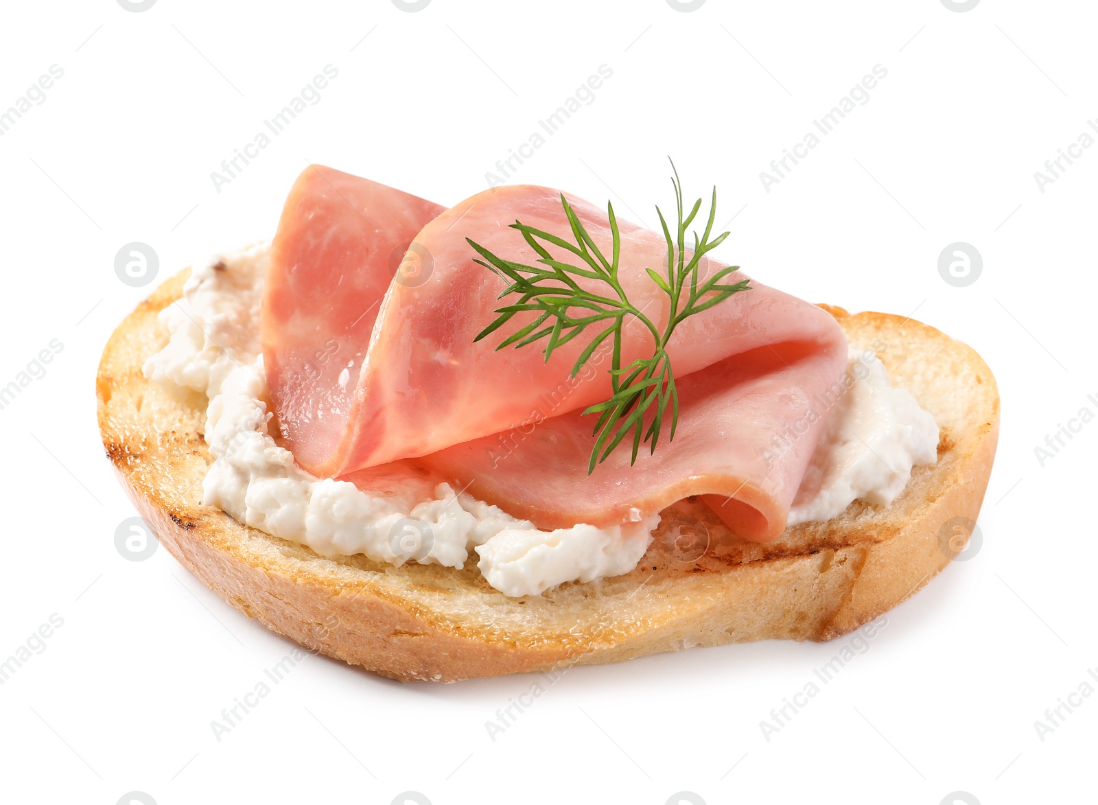 Photo of Tasty bruschetta with ham on white background