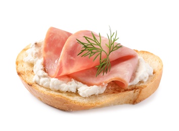 Photo of Tasty bruschetta with ham on white background