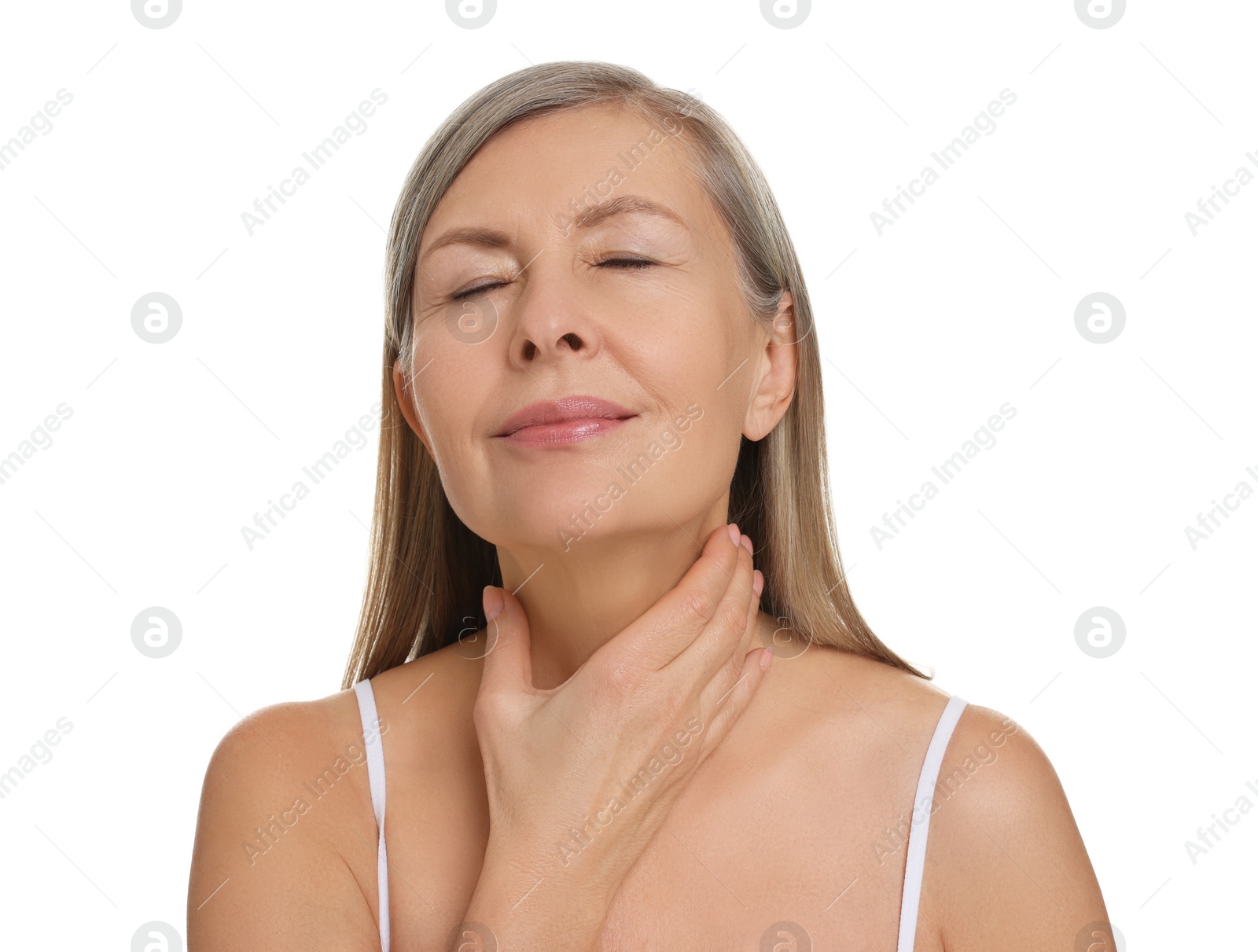 Photo of Beautiful woman touching her neck on white background