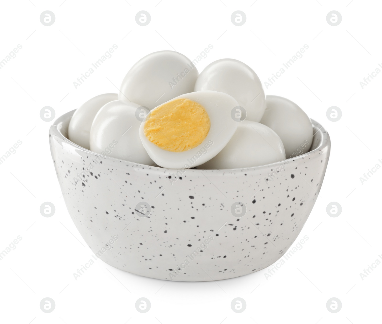 Photo of Peeled hard boiled quail eggs in bowl on white background