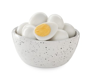 Peeled hard boiled quail eggs in bowl on white background