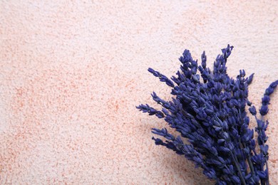 Photo of Bouquet of beautiful preserved lavender flowers on color textured table, top view. Space for text
