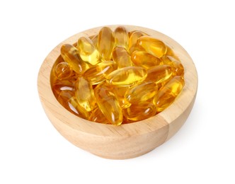 Vitamin capsules in bowl isolated on white. Health supplement