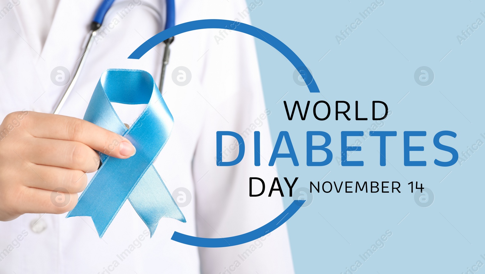 Image of World Diabetes Day. Doctor holding light blue ribbon on color background, closeup. Banner design