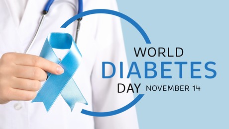 Image of World Diabetes Day. Doctor holding light blue ribbon on color background, closeup. Banner design