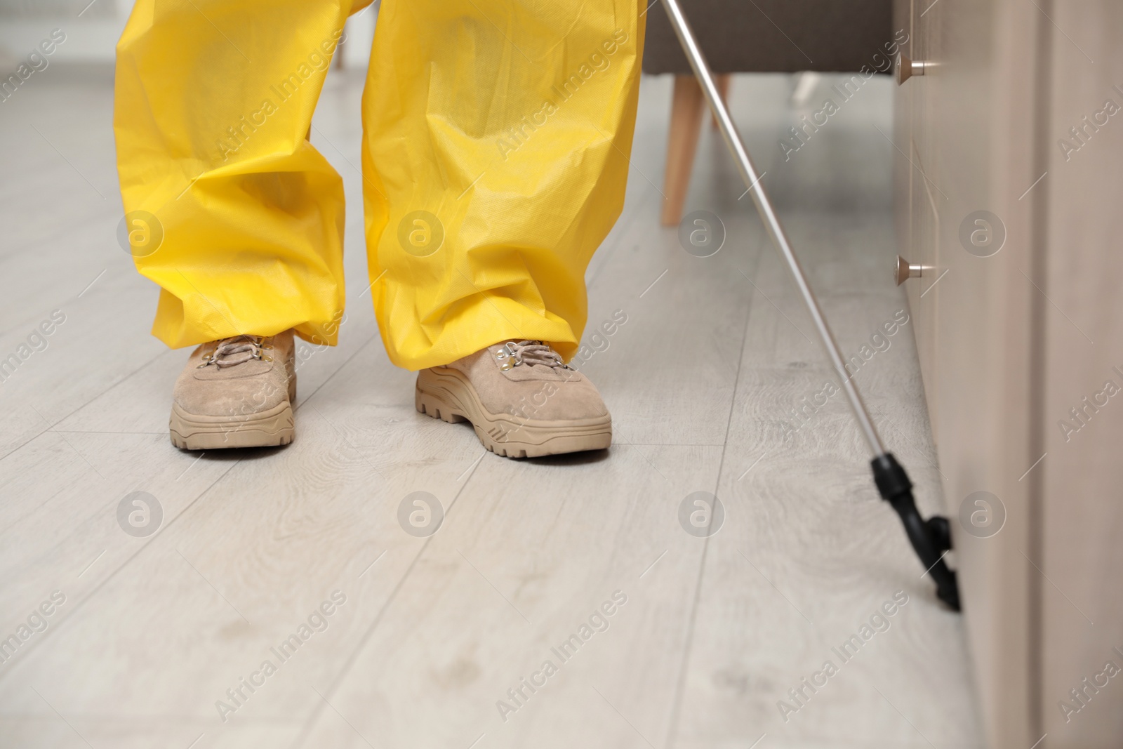 Photo of Pest control worker spraying pesticide around furniture indoors, closeup