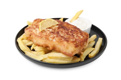 Photo of Tasty fish in soda water batter, potato chips, sauce and lemon slice isolated on white