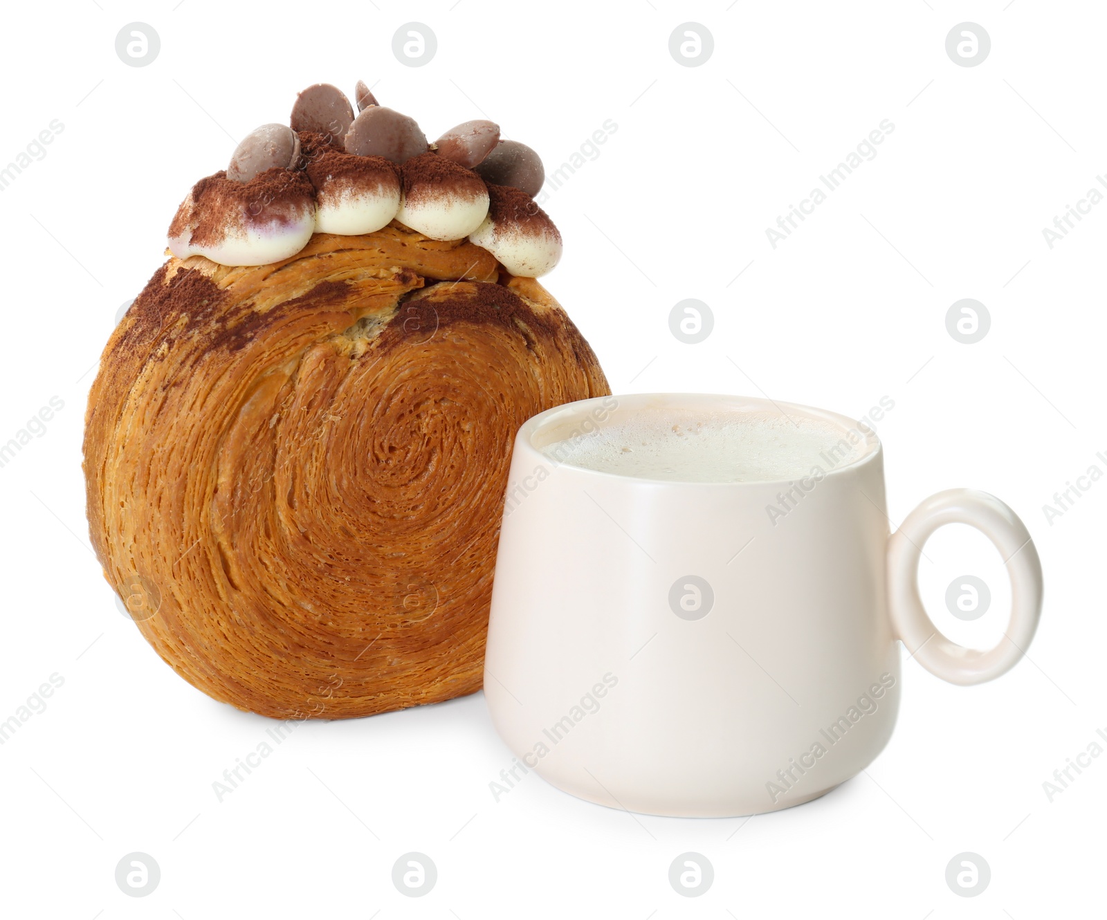 Photo of Round croissant with chocolate chips and cup of drink isolated on white. Tasty puff pastry