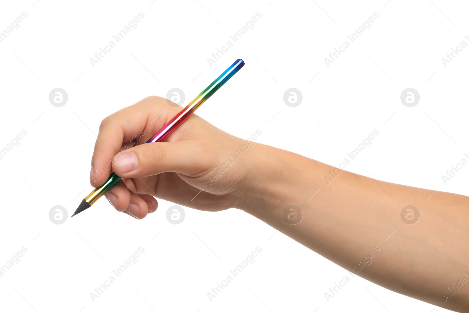 Photo of Young man holding pencil on white background, closeup