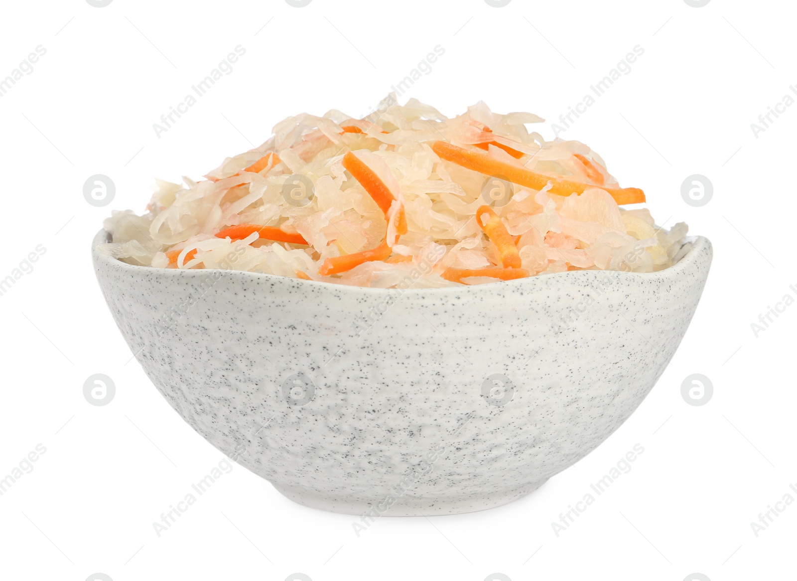 Photo of Bowl of tasty sauerkraut with carrot on white background