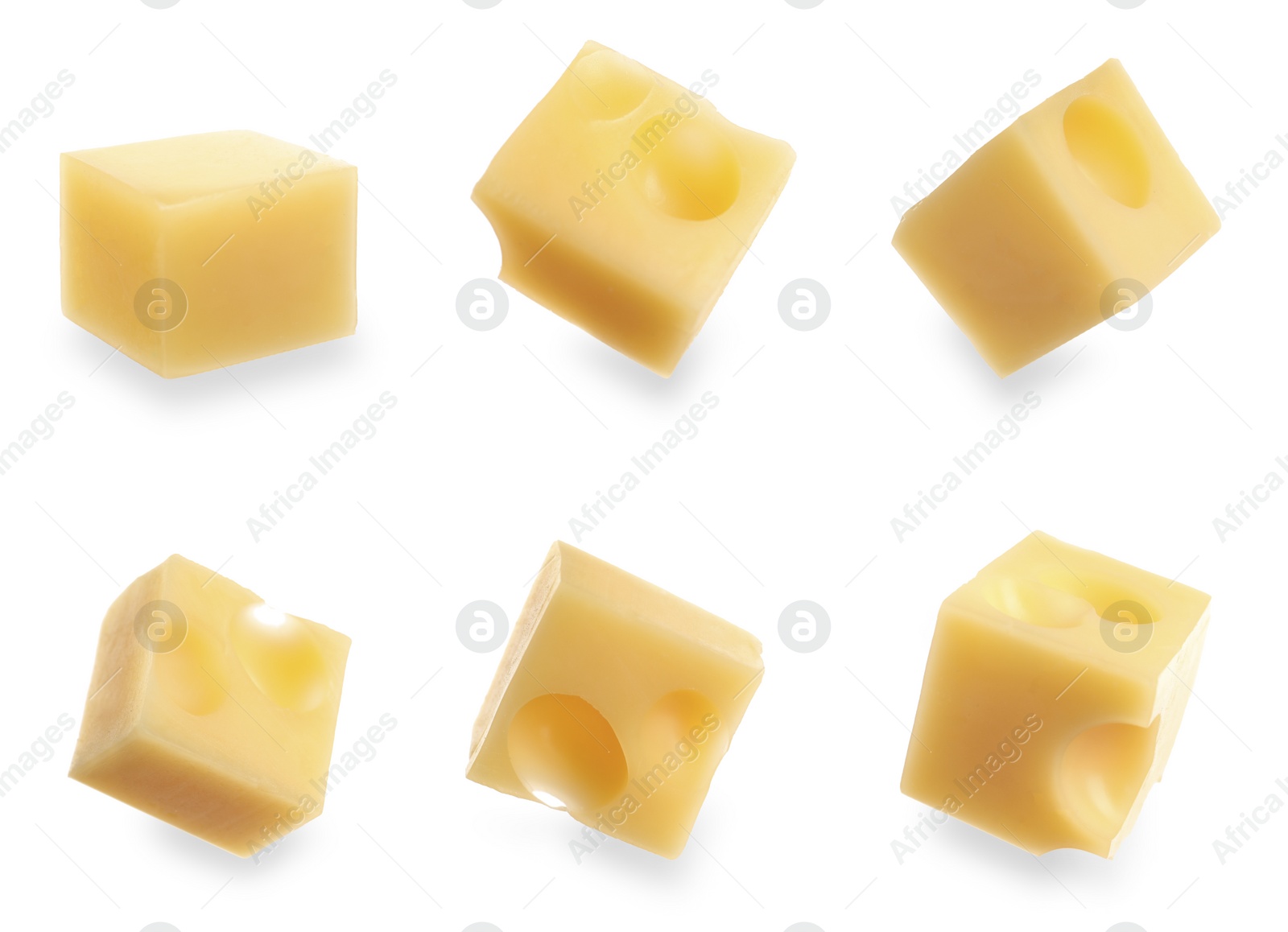 Image of Set of delicious cheese cubes on white background