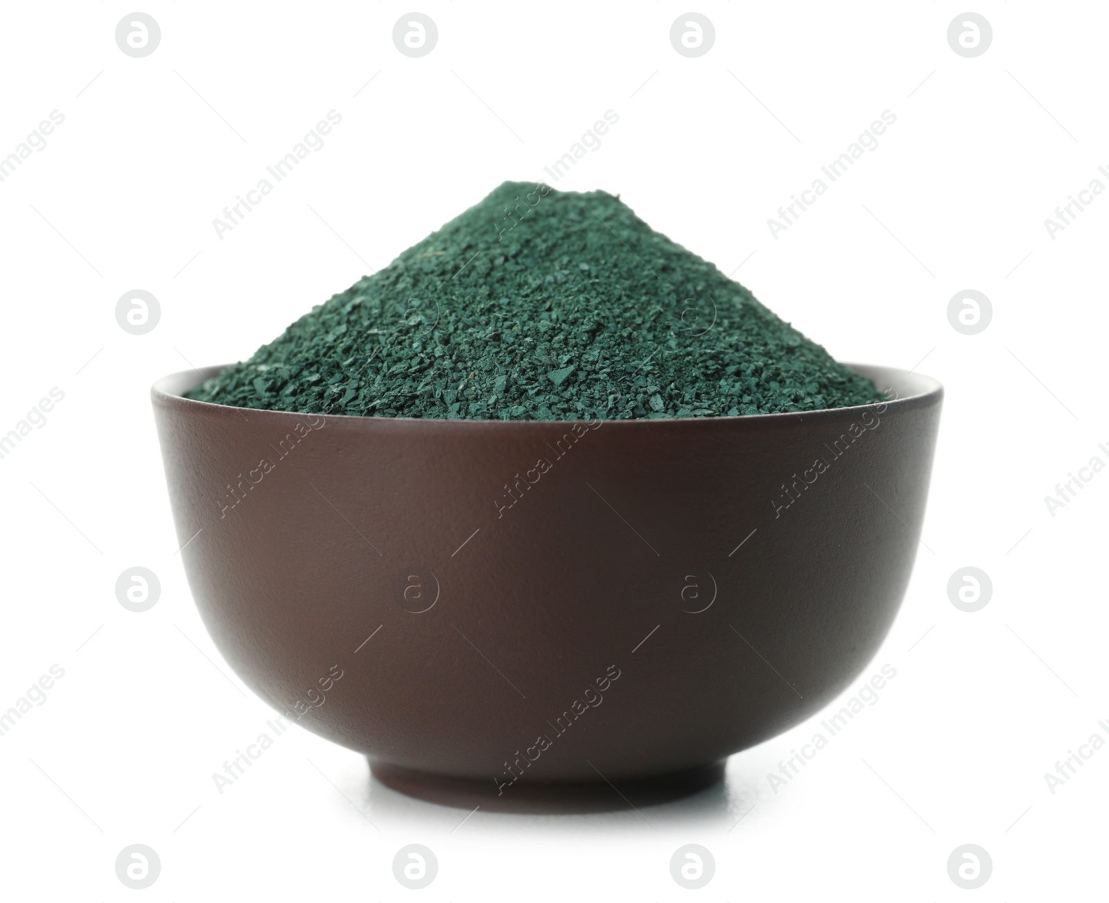 Photo of Bowl with spirulina algae powder on white background