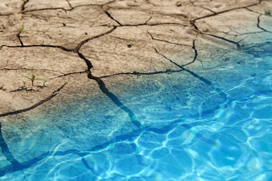 Save environment. Water on dry cracked land, closeup