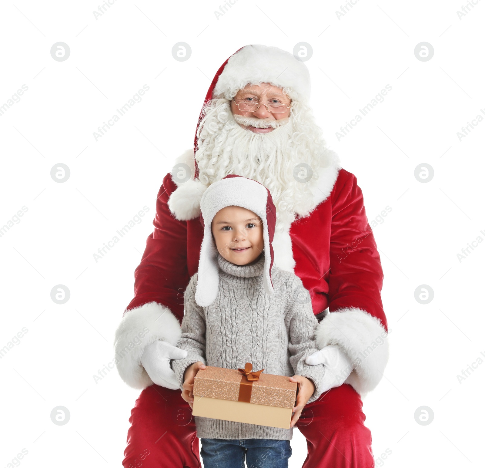 Photo of Authentic Santa Claus with gift box and little boy on white background