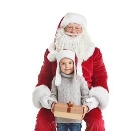 Photo of Authentic Santa Claus with gift box and little boy on white background