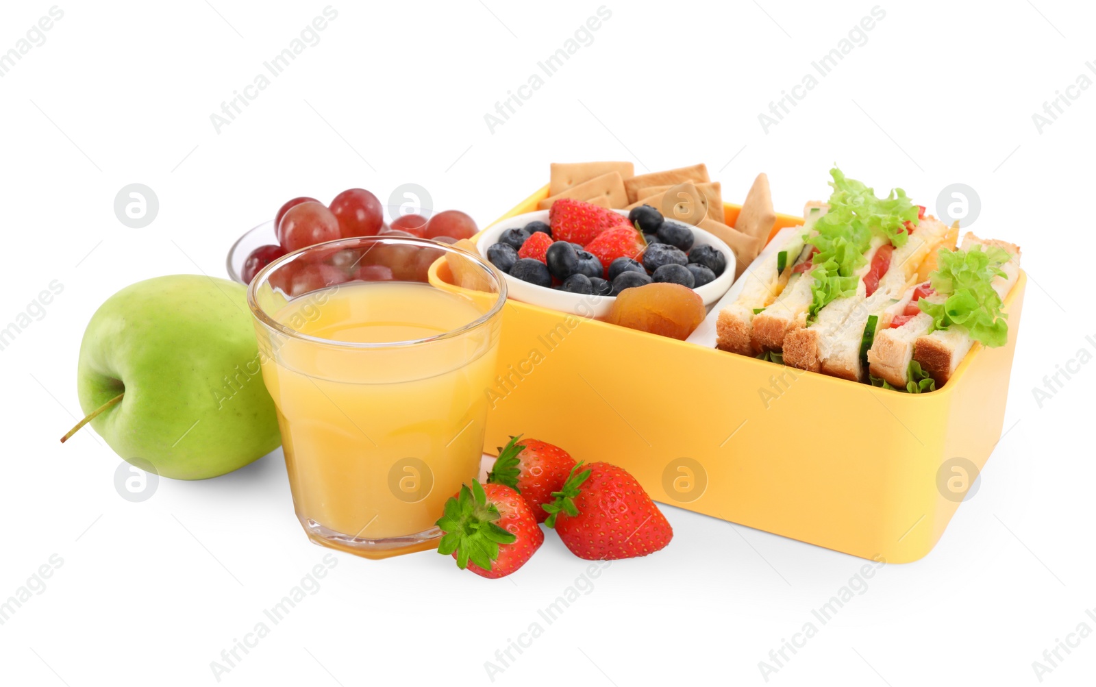 Photo of Lunch box of tasty healthy food and glass with juice isolated on white. School dinner