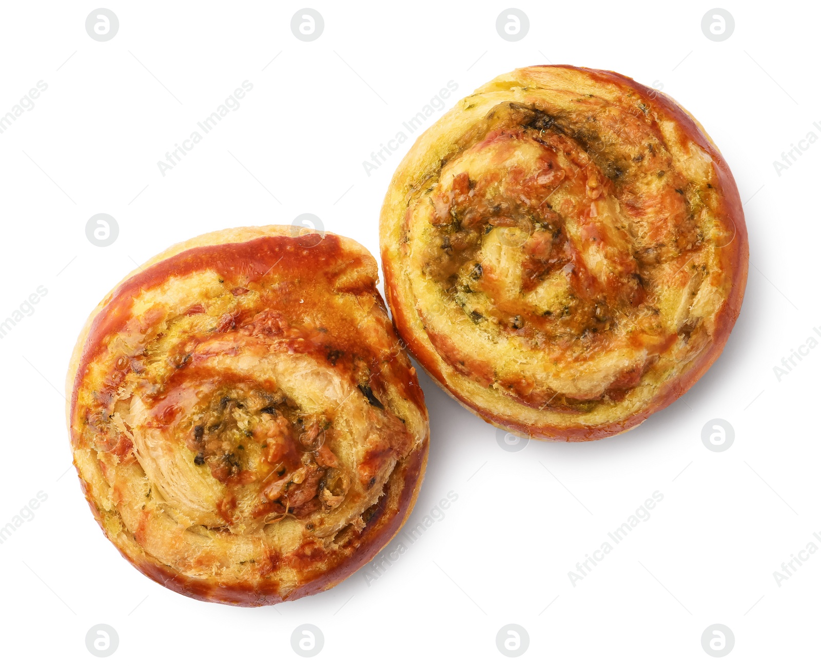 Photo of Fresh delicious puff pastry with tasty filling on white background, top view