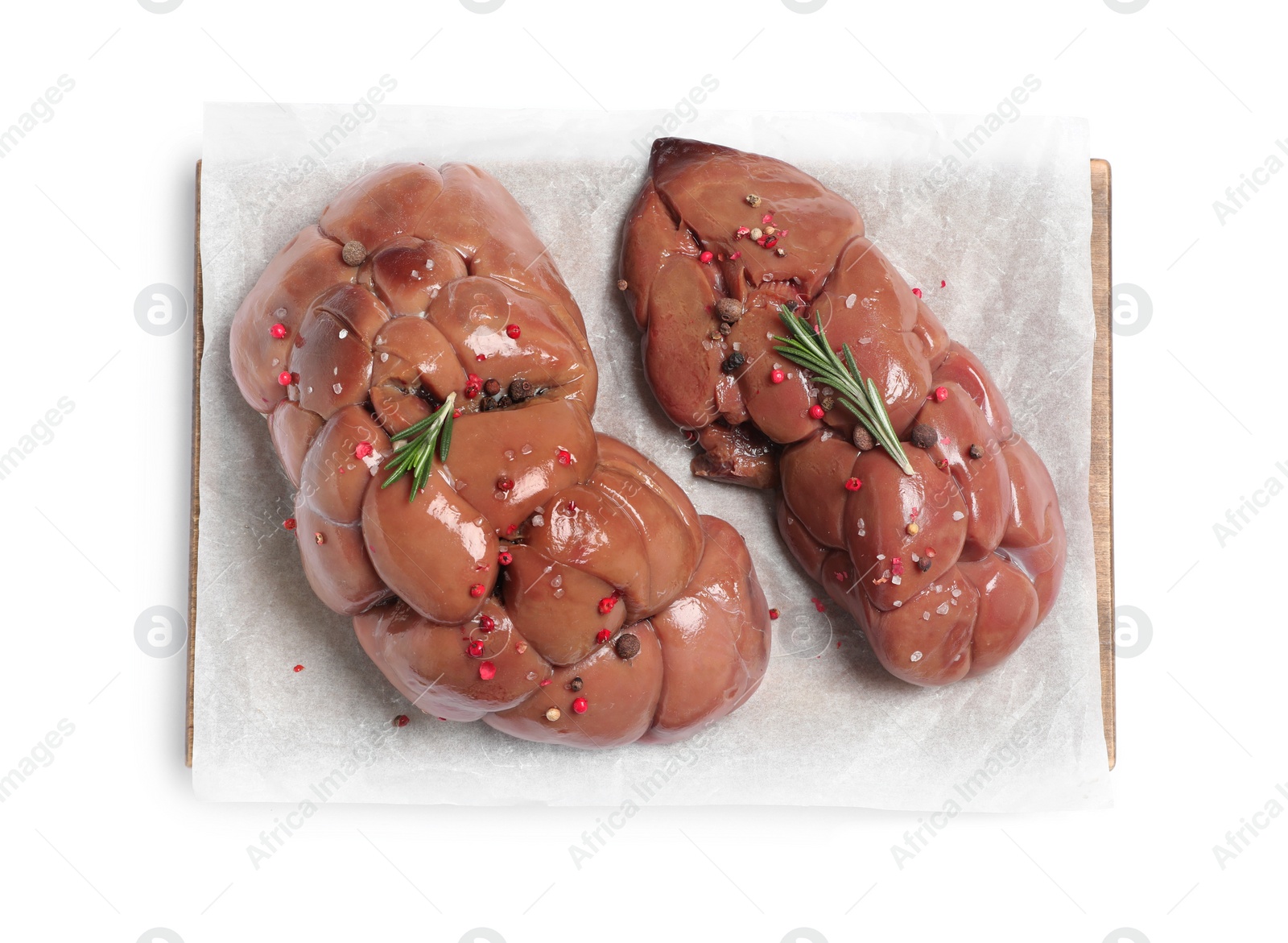 Photo of Fresh raw kidney meat with spices and rosemary on white background, top view