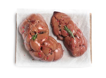 Photo of Fresh raw kidney meat with spices and rosemary on white background, top view