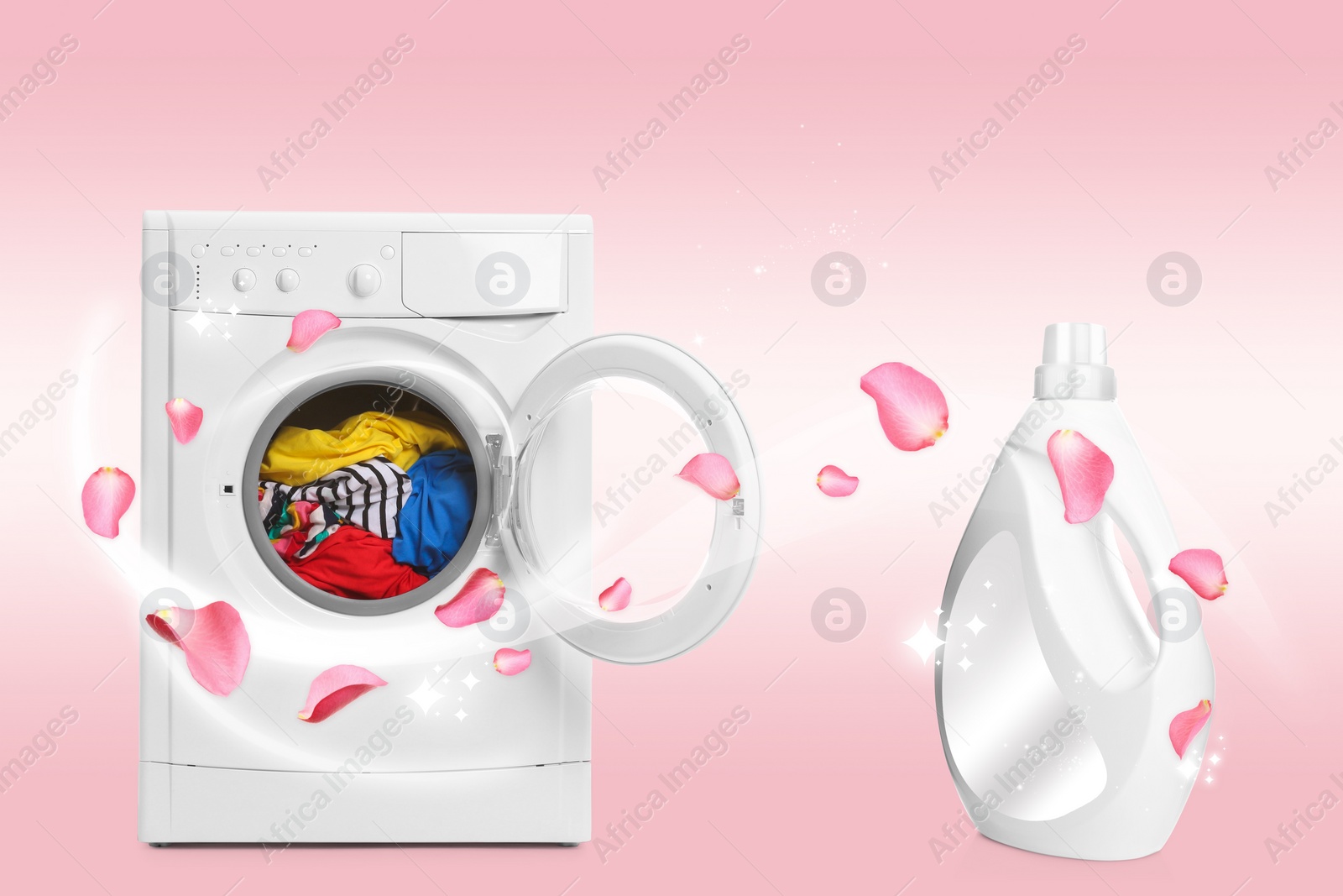 Image of Fabric softener advertising design. Flower petals flying around bottle of conditioner and open washing machine on pink background