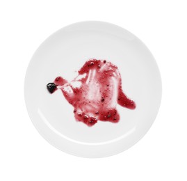 Dirty plate with smeared sauce on white background, top view