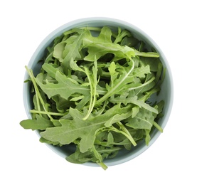 Delicious fresh arugula in bowl isolated on white, top view