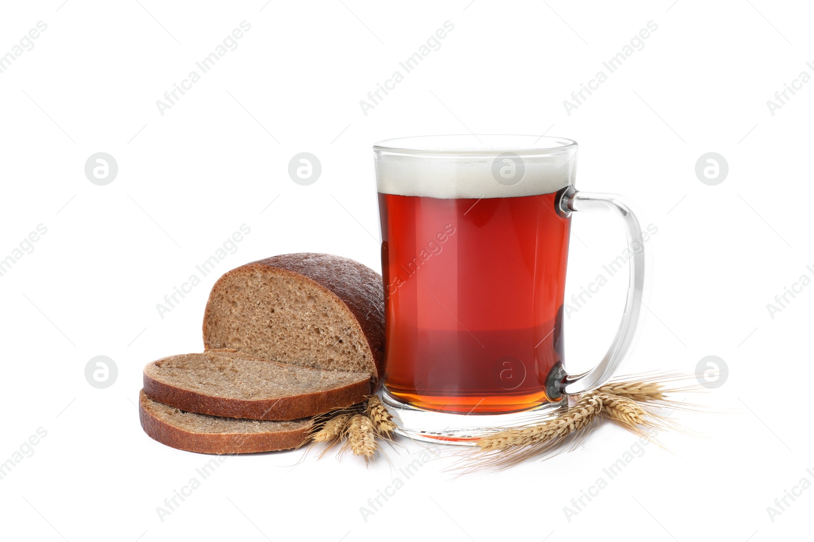 Photo of Delicious kvass, bread and spikes on white background