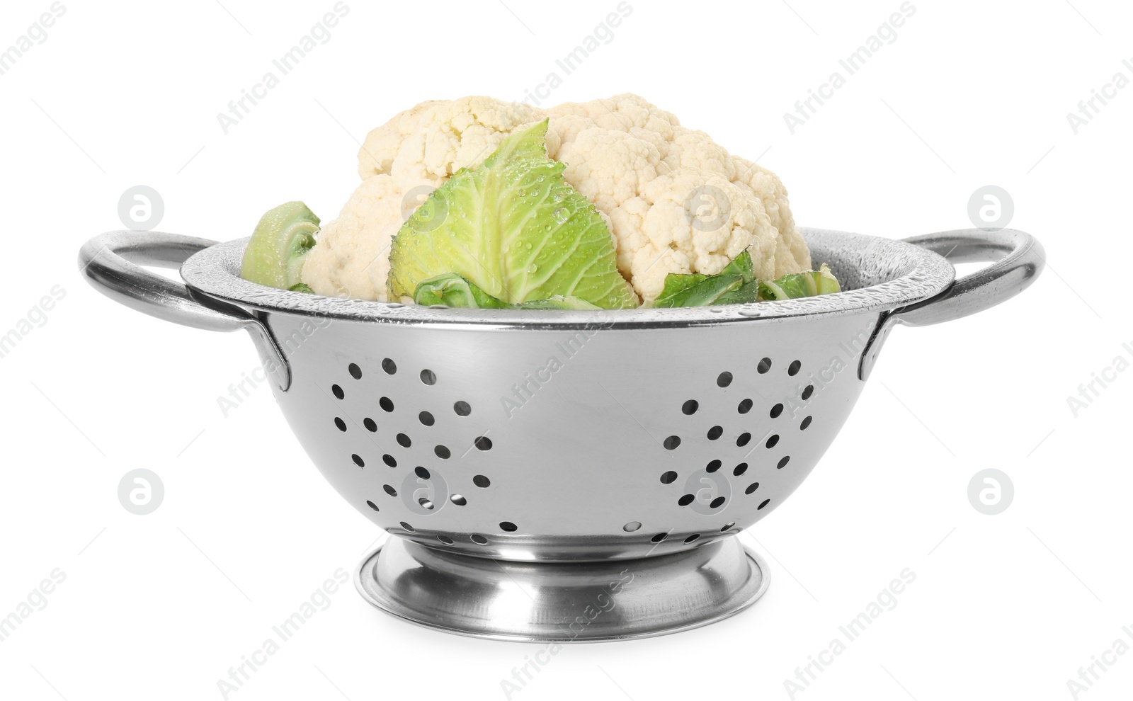 Photo of Metal colander with cauliflower isolated on white