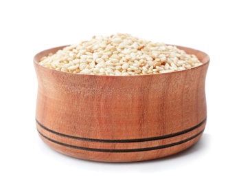 Photo of Wooden bowl with sesame seeds on white background. Different spices