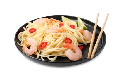 Photo of Tasty spaghetti with shrimps, chili pepper and lime isolated on white