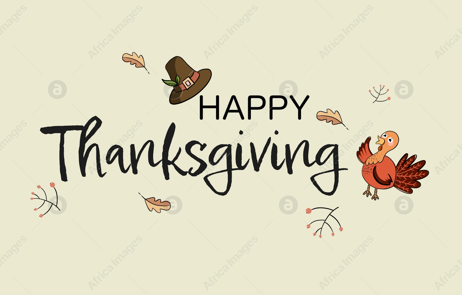 Illustration of Thanksgiving day card design. Turkey, hat, autumn leaves and text on beige background, illustration